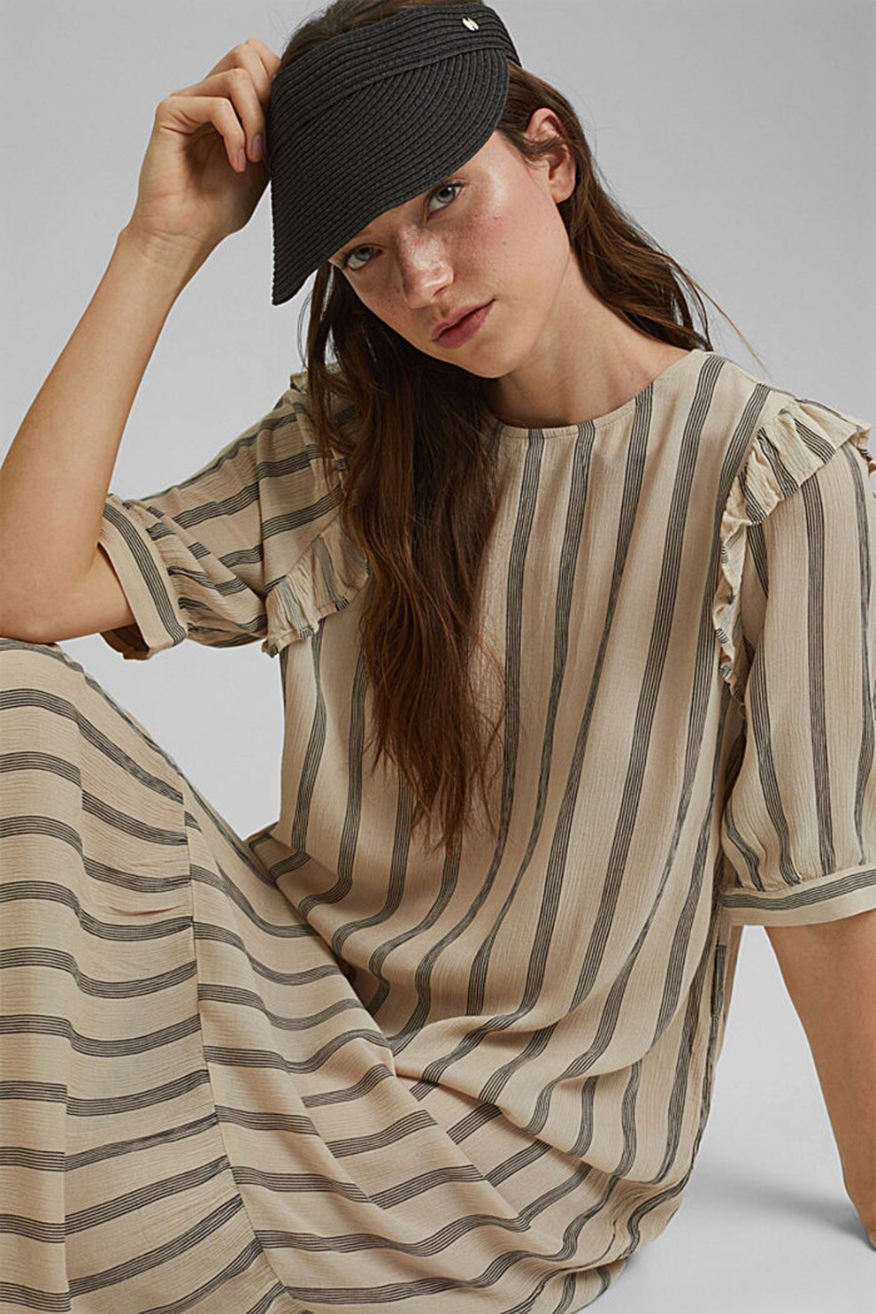 EDC by Esprit, Rochie cu dungi si cordon in talie, Maro camel/Gri inchis, M