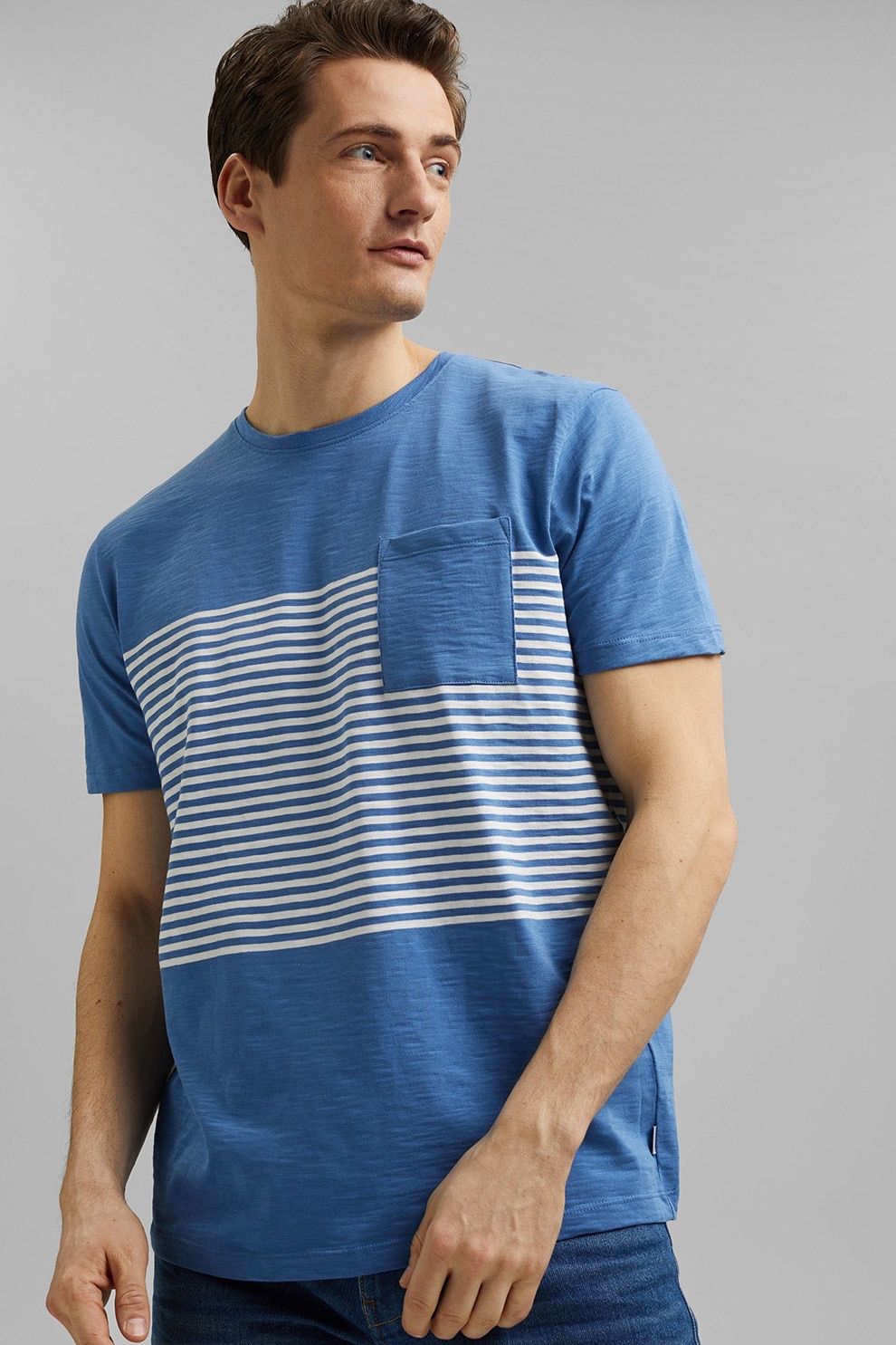 Esprit, Tricou regular fit din bumbac organic cu buzunar aplicat, Albastru royal/Alb