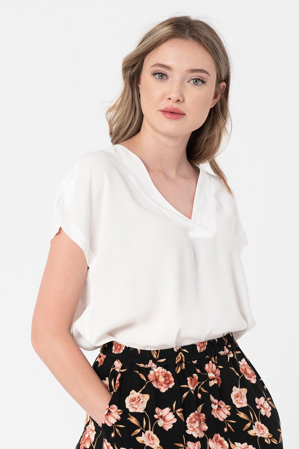 Esprit, Bluza din viscoza cu decolteu in V, Alb