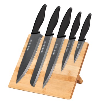 Set de cutite de bucatarie Tacoma, 5 bucati, Otel inoxidabil, Antiaderent, Suport magnetic, Negru Set de cutite de bucatarie Tacoma, 5 bucati, Otel inoxidabil, Antiaderent, Suport magnetic, Negru