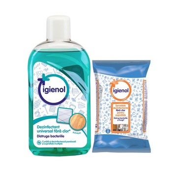 Set Igienol dezinfectant universal eucalipt 1 l + servetele dezinfectante suprafete, 40 de bucati Set Igienol dezinfectant universal eucalipt 1 l + servetele dezinfectante suprafete, 40 de bucati