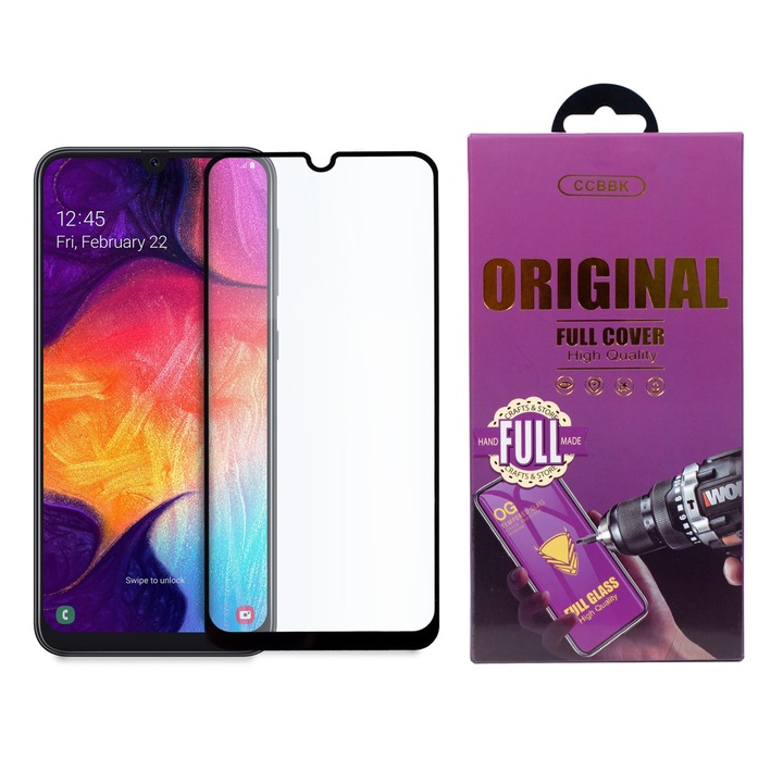 OG képernyővédő fólia Samsung Galaxy A50-hez, edzett üveg, edzett üveg, fekete