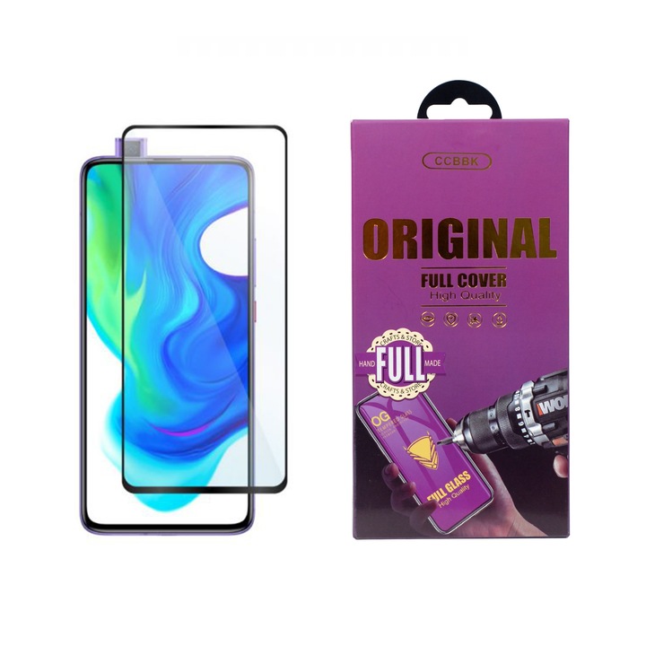 Стъклен Протектор OG за Xiaomi Poco F2, Tempered Glass, Цялостно покритие и залепване, Черен