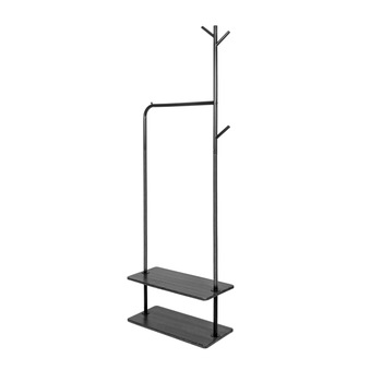Cuier metalic multifunctional cu 3 agatatori, bara umerase si 2 rafturi pentru incaltaminte, inaltime 175 cm, negru Cuier metalic multifunctional cu 3 agatatori, bara umerase si 2 rafturi pentru incaltaminte, inaltime 175 cm, negru