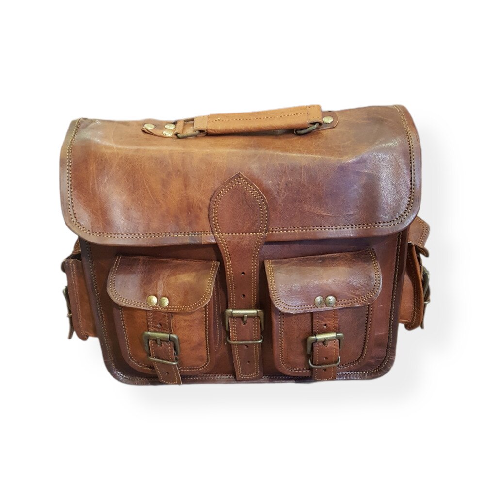Geanta cu bareta ajustabila, inchidere cu catarame, cu patru buzunare exterioare, maner, Sadhana, Piele naturala, culoare camel