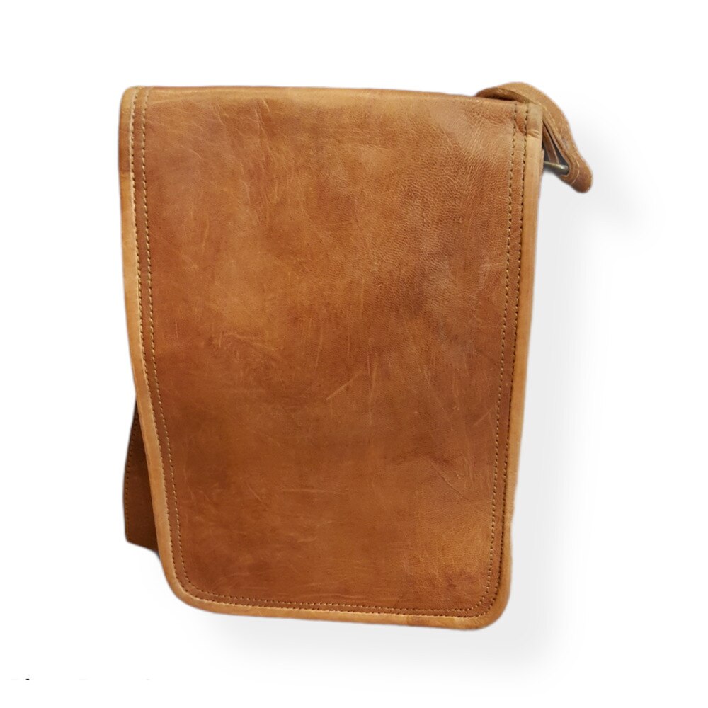 Geanta tip mesager cu bareta ajustabila, buzunar exterior cu fermoar, Sadhana, Piele naturala, culoare camel