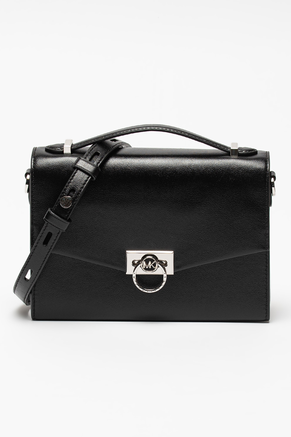 Michael Kors, Geanta de piele cu bareta Hendrix, Negru/Argintiu