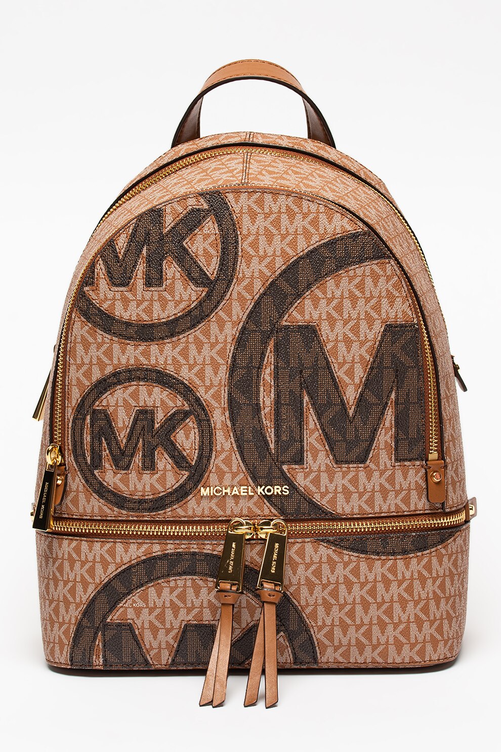 Michael Kors, Rucsac de piele ecologica cu monograma Rhea, Scortisoara/Alb/Maro inchis