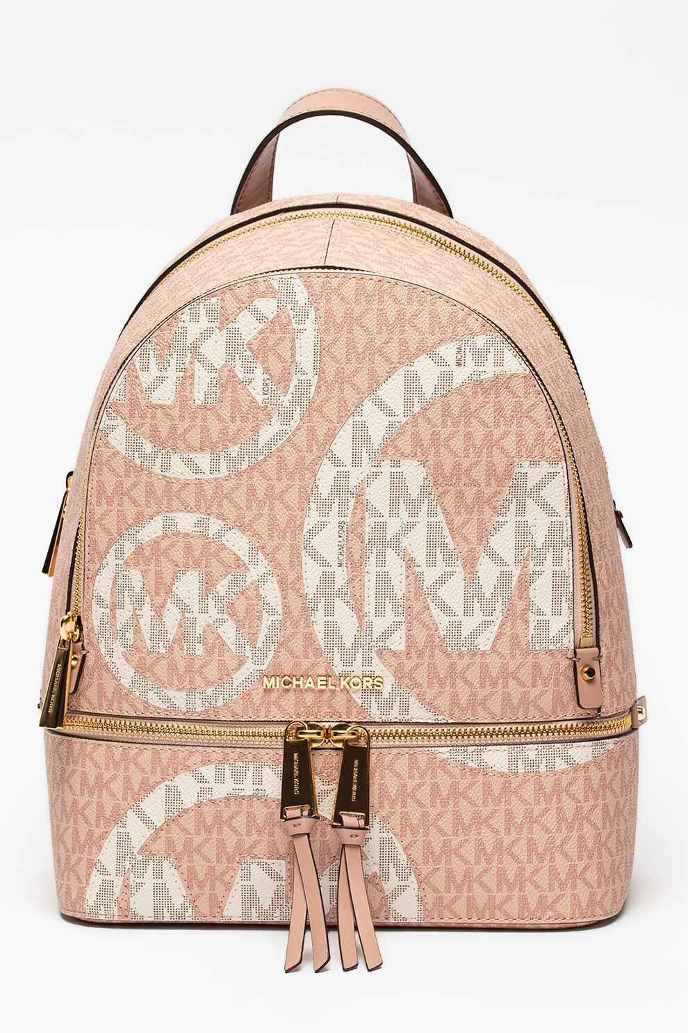 Michael Kors, Rucsac de piele ecologica cu monograma Rhea, Roz/Alb
