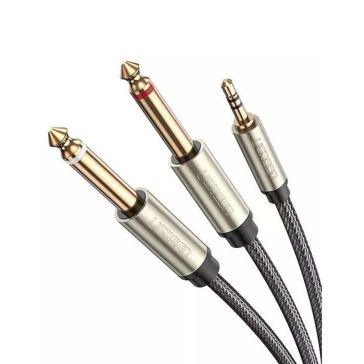 TRS кабел, UGREEN AV126 3,5 mm до 2x TS 6,35 mm - 2 m (сив)
