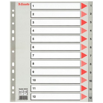 Index A4 Maxi Esselte, cu 12 Separatoare, Plastic, Gri Index A4 Maxi Esselte, cu 12 Separatoare, Plastic, Gri