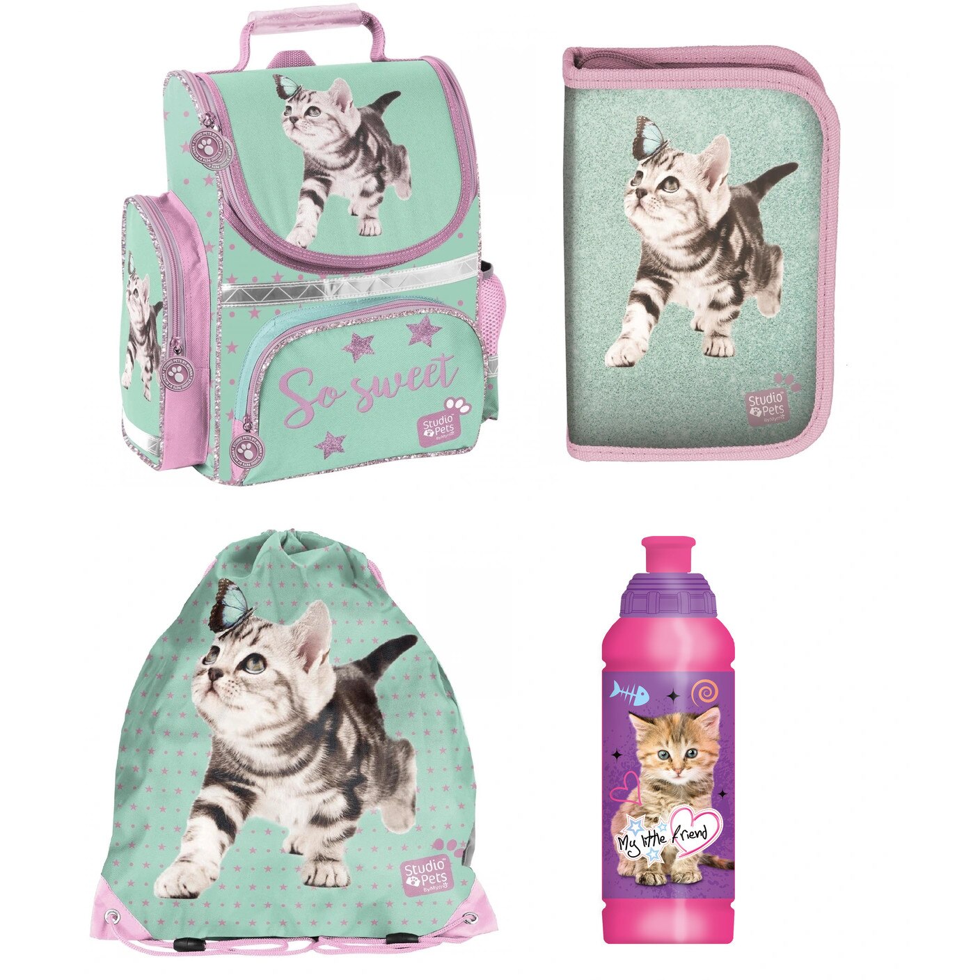 Set ghiozdan scoala studio pets, penar, geanta pliabila incaltaminte, sticla de apa, multicolor