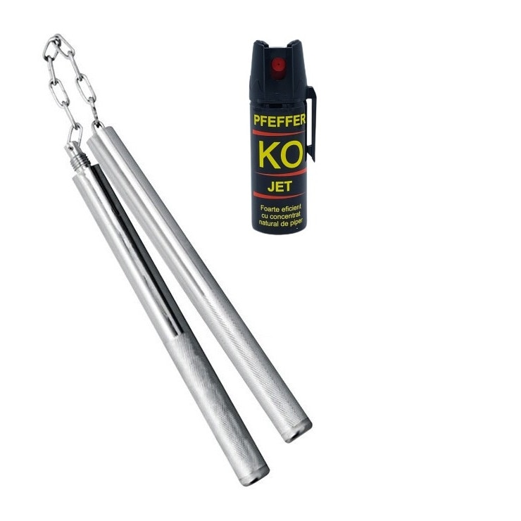 Set format din Nunceag Argintiu si Spray KO 40 ml pentru autoaparare