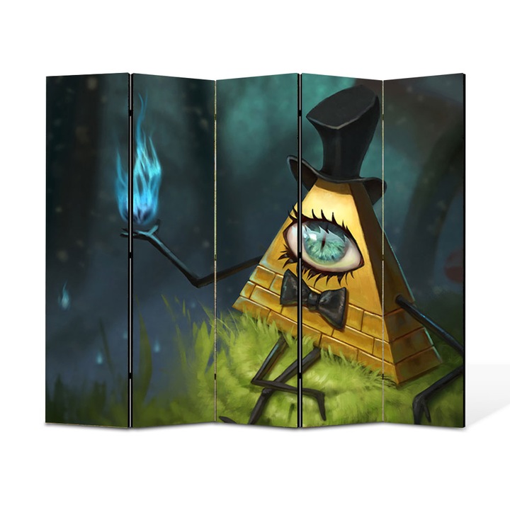 Paravan 5 piese Premium TrueColor, Art Star, Bill William Cipher din Gravity Falls, Animatii, Panza pe cadru de lemn, Decoratiuni Moderne pentru Casa, 5 Panouri de 45x180, 225 x 180 cm