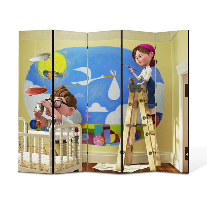 Paravan 5 piese Premium TrueColor, Art Star, Up Carl si Ellie tineri in camera copilului, Animatii, Panza pe cadru de lemn, Decoratiuni Moderne pentru Casa, 5 Panouri de 45x180, 225 x 180 cm