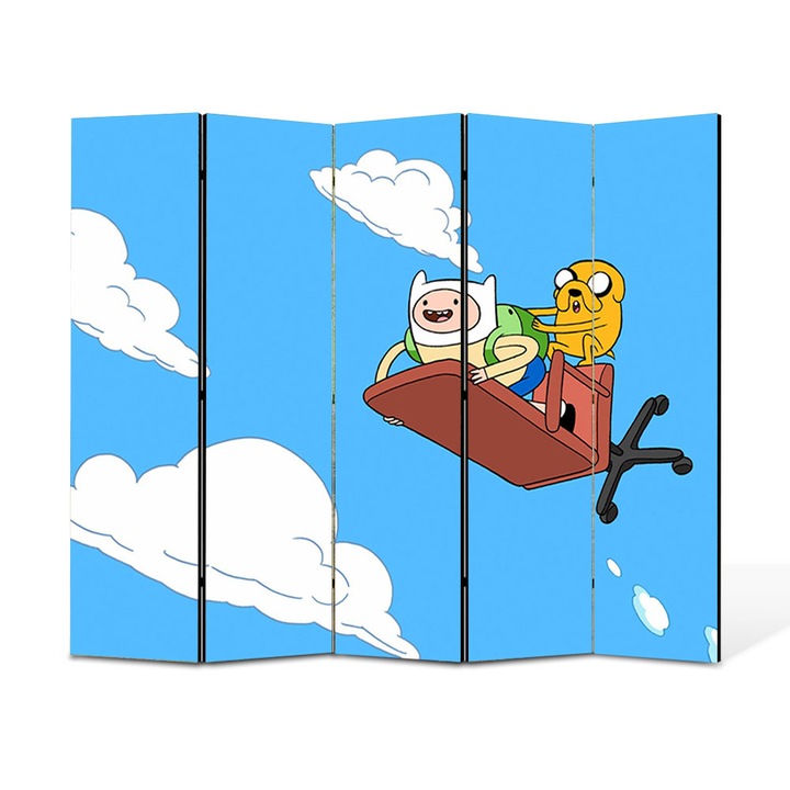Paravan 5 piese Premium TrueColor, Art Star, Adventure Time Finn si Jake scurand cu un scaun, Animatii, Panza pe cadru de lemn, Decoratiuni Moderne pentru Casa, 5 Panouri de 35x150, 175 x 150 cm