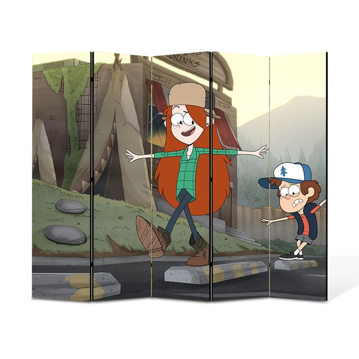 Paravan 5 piese Premium TrueColor, Art Star, Gravity Falls mergand cu Wendy, Animatii, Panza pe cadru de lemn, Decoratiuni Moderne pentru Casa, 5 Panouri de 35x150, 175 x 150 cm