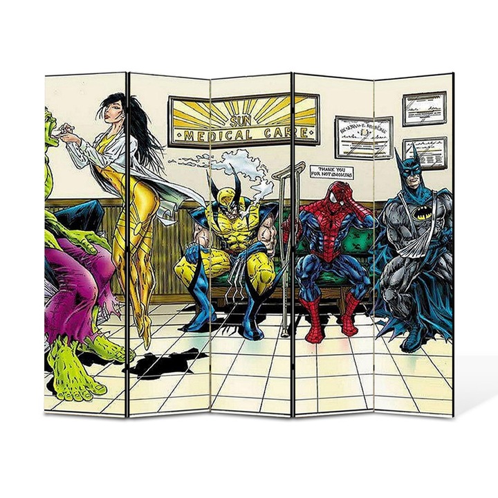 Paravan 5 piese Premium TrueColor, Art Star, Eroii la consult medical, Animatii, Panza pe cadru de lemn, Decoratiuni Moderne pentru Casa, 5 Panouri de 45x180, 225 x 180 cm