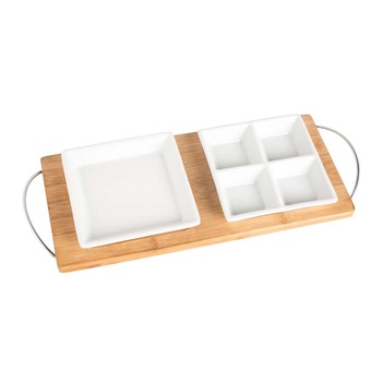 Tava Bamboo pentru Aperitiv cu Farfurii de Ceramica Tava Bamboo pentru Aperitiv cu Farfurii de Ceramica