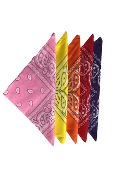 Set 5 bandane, roz, galben, portocaliu, rosu, mov, bumbac, 57 cm Set 5 bandane, roz, galben, portocaliu, rosu, mov, bumbac, 57 cm