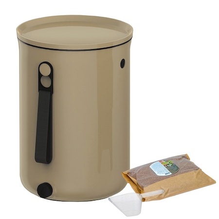 Pachet cos pentru compostarea resturilor organice in bucatarie, Bokashi Organko 2, plastic reciclat, Cappuccino, 1 x 9,6 L cu 1 kg accelerator de compost