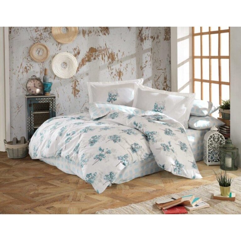 Lenjerie de pat bumbac Hobby Trella Turqoaz, pentru pat dublu, 4 piese, 200x220 / 50x70, 100% bumbac poplin