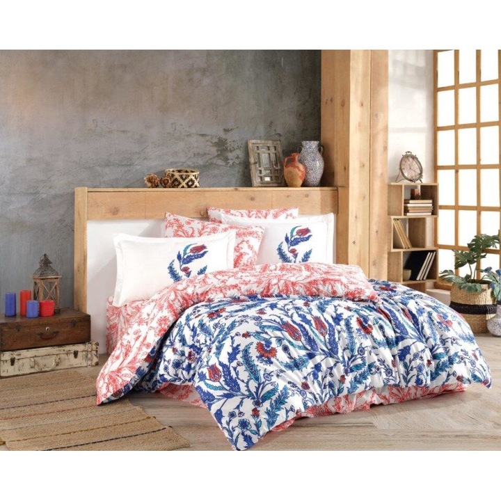 Lenjerie de pat bumbac Hobby Sophia Blue, pentru pat dublu, 4 piese, 200x220 / 50x70, 100% bumbac poplin