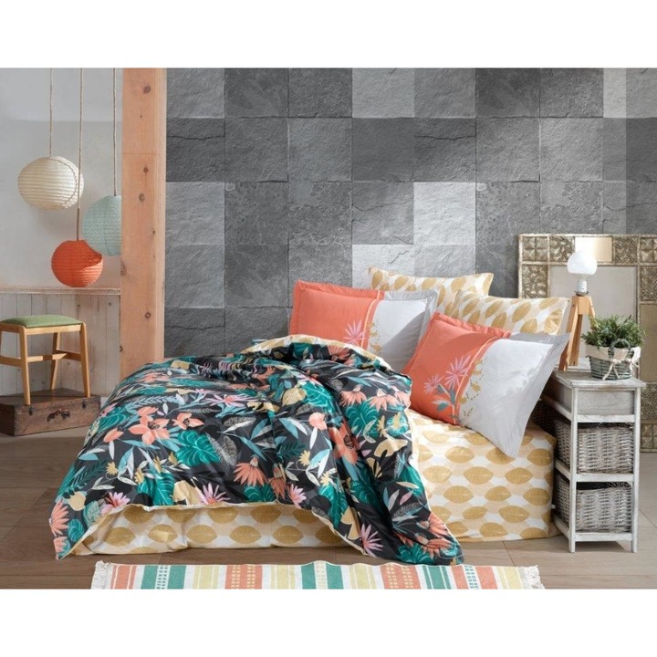 Lenjerie de pat bumbac Hobby Monstera Orange, pentru pat dublu, 4 piese, 200x220 / 50x70, 100% bumbac poplin