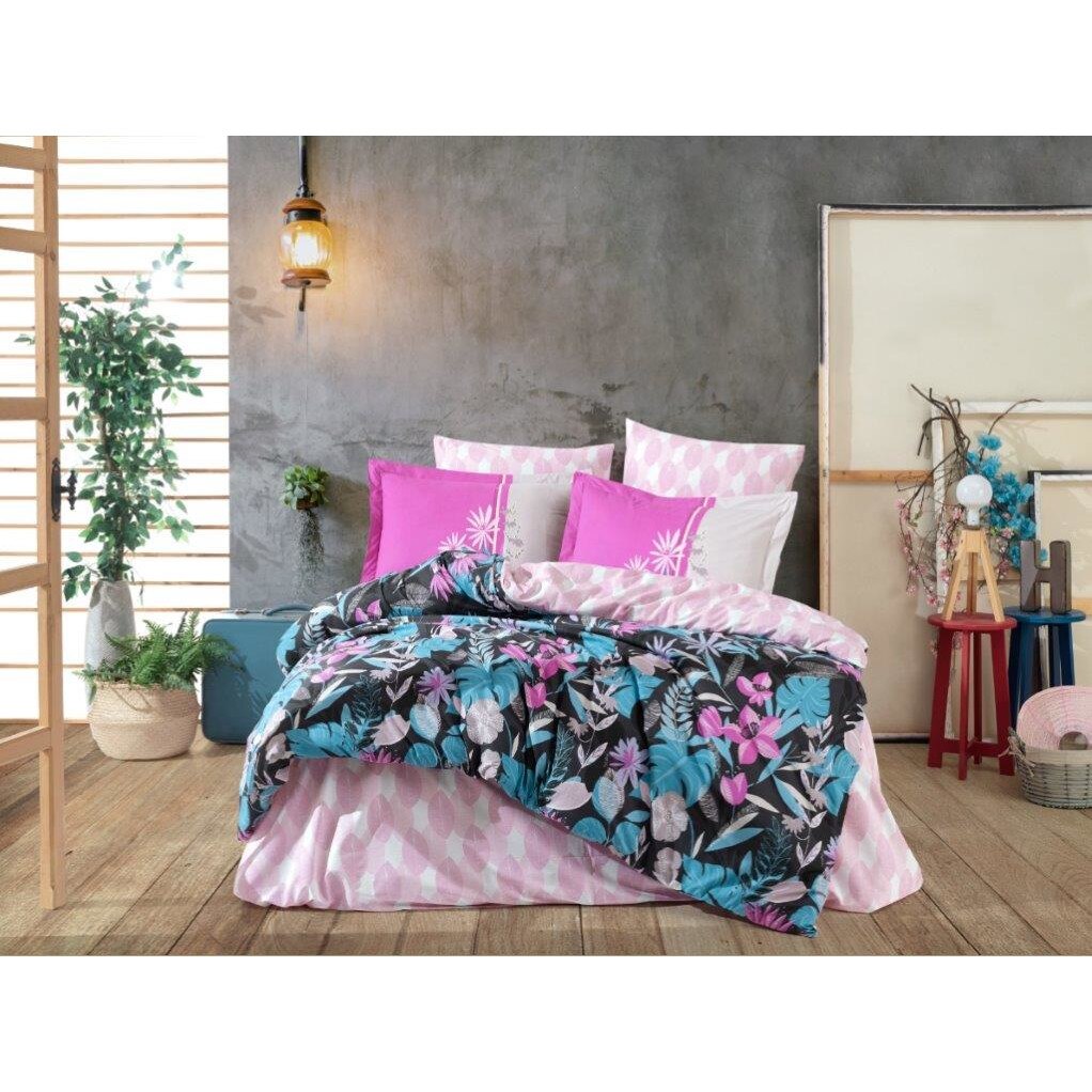 Lenjerie de pat bumbac Hobby Monstera Fucsya, pentru pat dublu, 4 piese, 200x220 / 50x70, 100% bumbac poplin