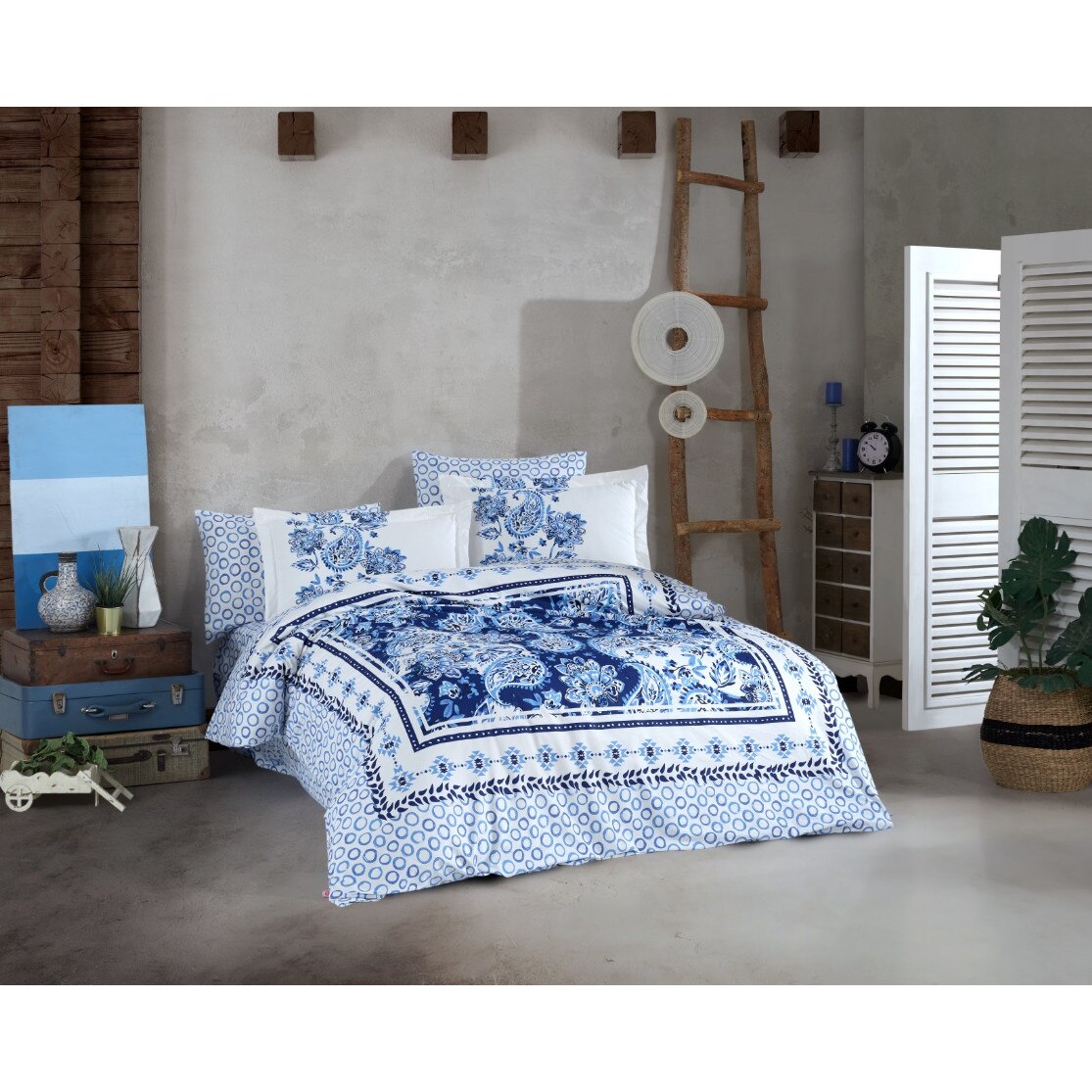 Lenjerie de pat bumbac Hobby Escoda Blue, pentru pat dublu, 4 piese, 200x220 / 50x70, 100% bumbac poplin