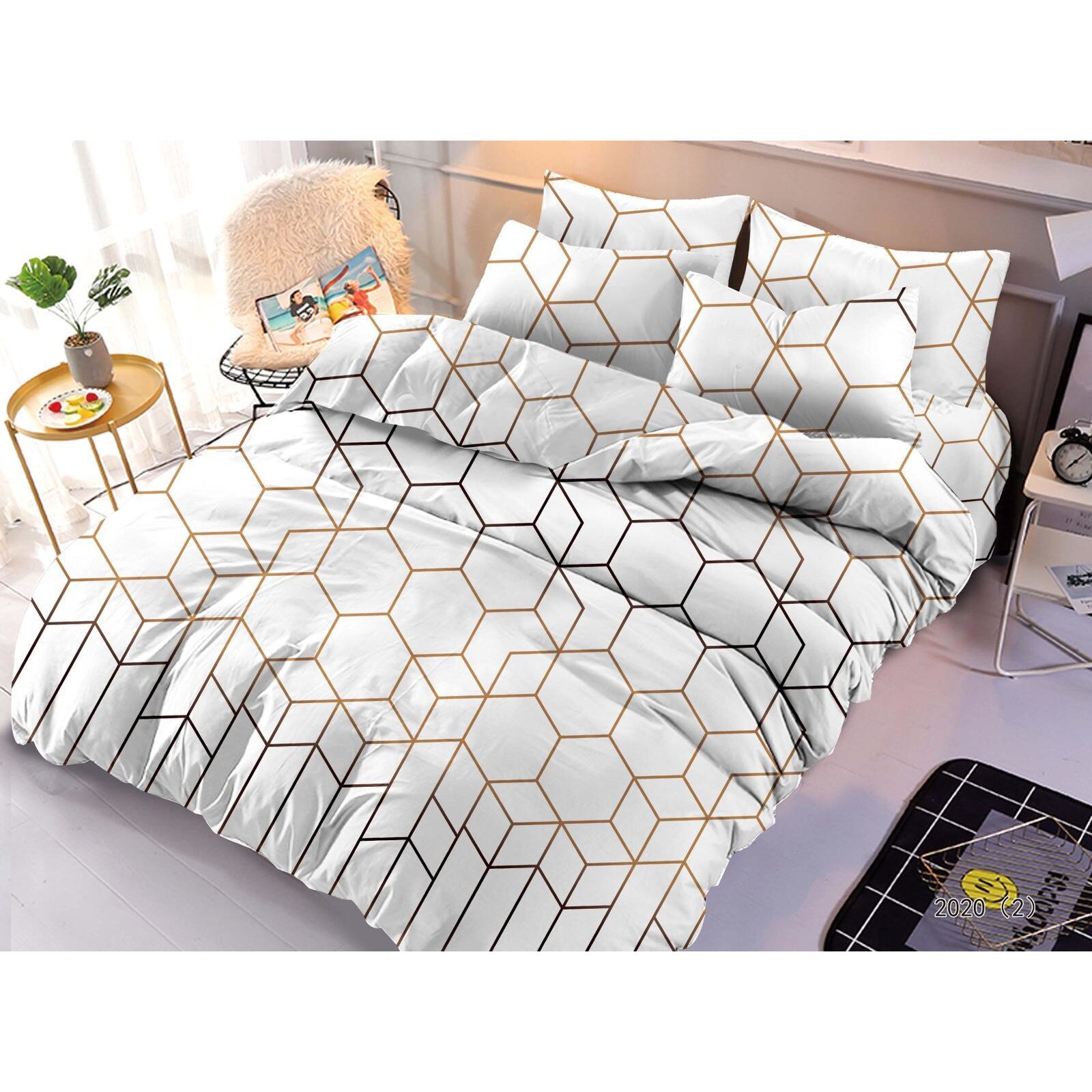 Lenjerie de pat dublu, bumbac finet premium, 6 piese, 2 persoane, Geometric white