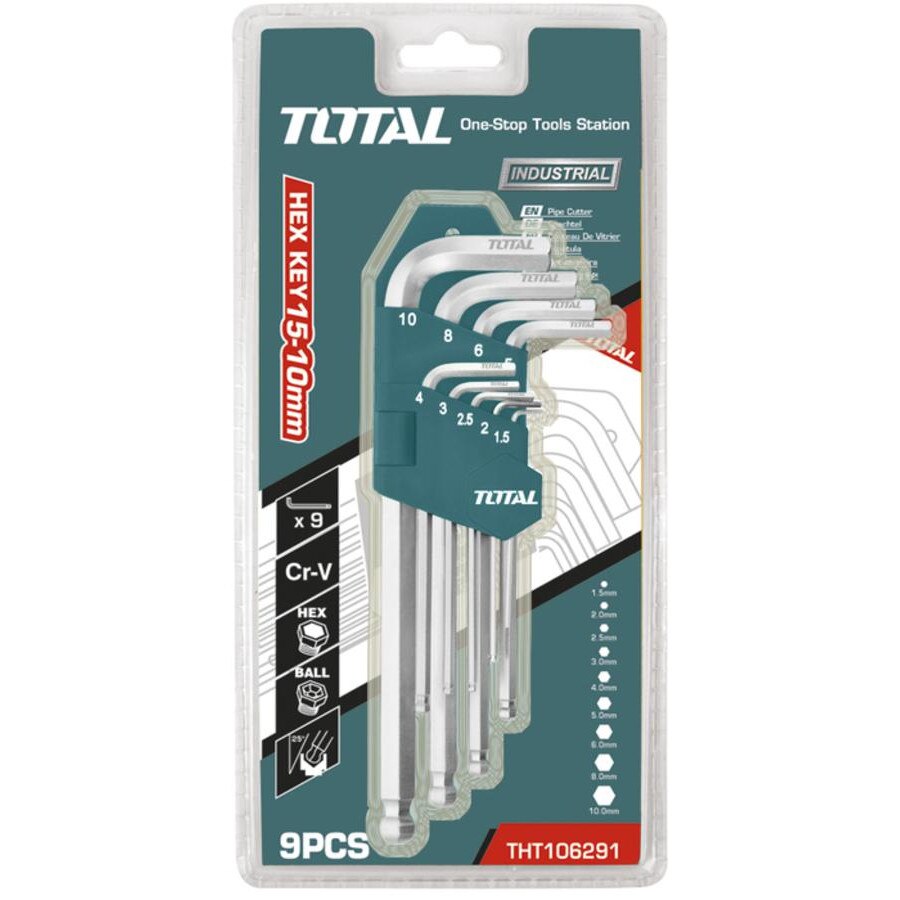 Set 9 chei imbus hexagonale Total, cap bila - 1.5-10mm, Cr-V, brat lung