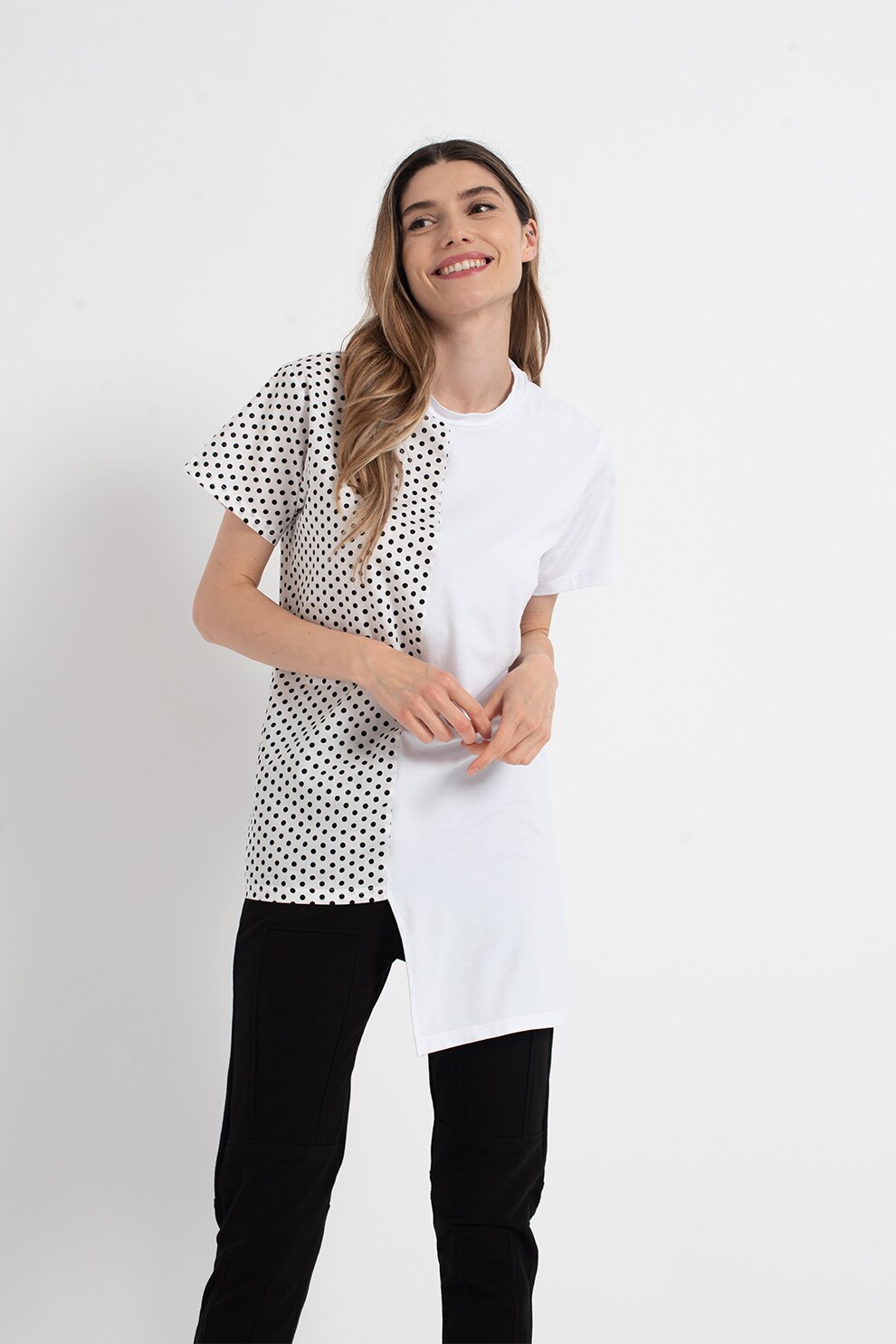 Amazing, Tricou asimetric cu imprimeu, Alb optic/Negru