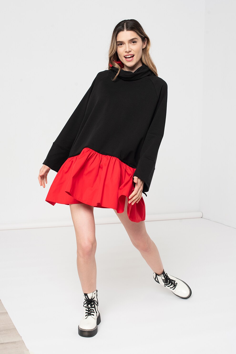 Amazing, Rochie combi lejera cu maneci raglan, Negru/Rosu, S