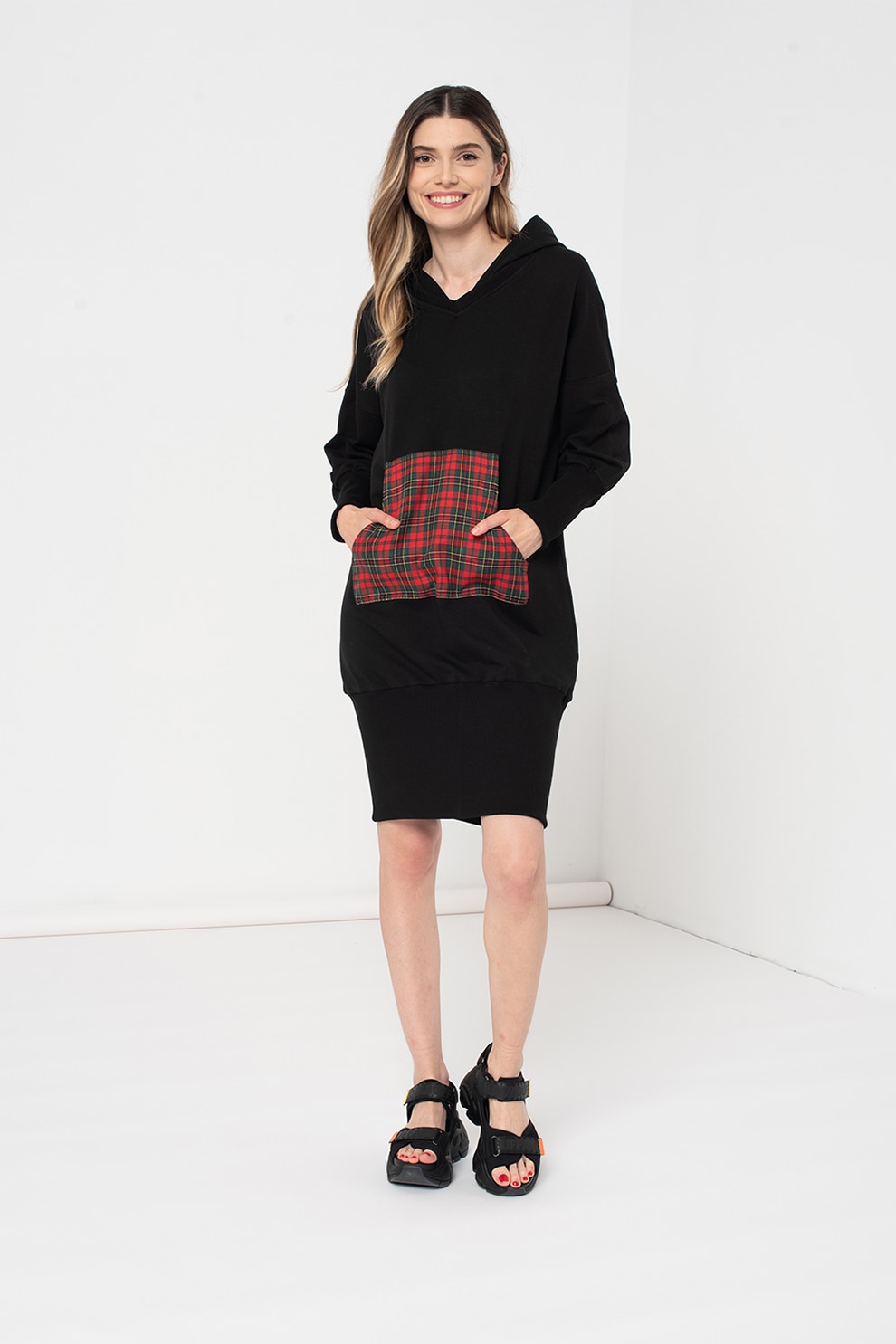 Amazing, Rochie tip hanorac cu buzunar kangaroo, Negru