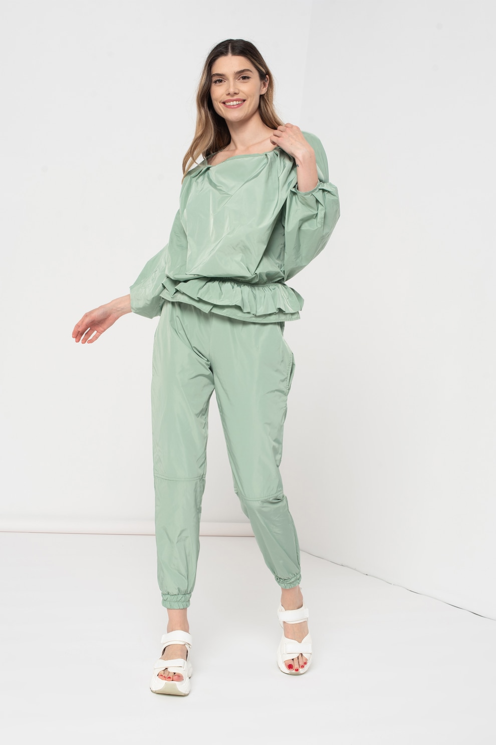 Amazing, Set de bluza cu terminatie peplu si pantaloni, Verde menta