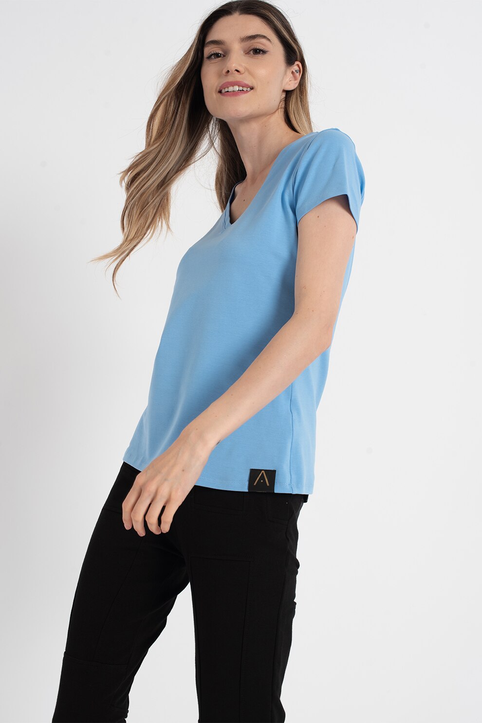 Amazing, Tricou de bumbac cu decolteu in V, Albastru lavanda