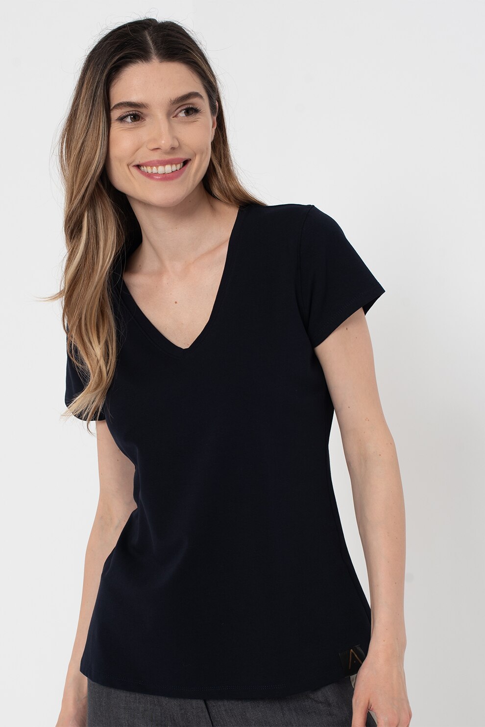 Amazing, Tricou de bumbac cu decolteu in V, Bleumarin inchis