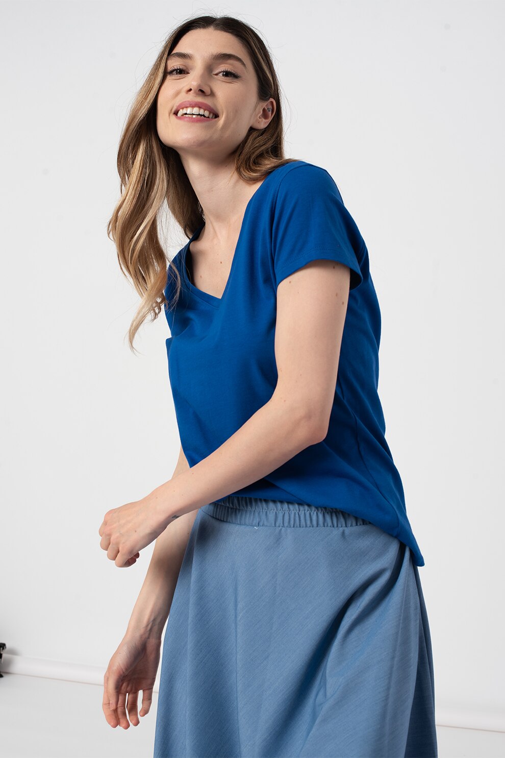 Amazing, Tricou de bumbac cu decolteu in V, Albastru royal