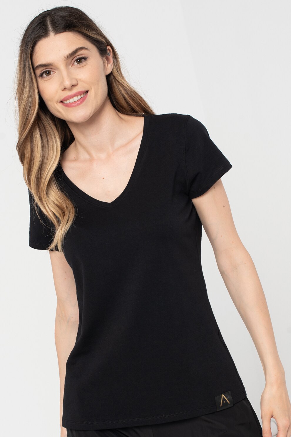 Amazing, Tricou de bumbac cu decolteu in V, Negru