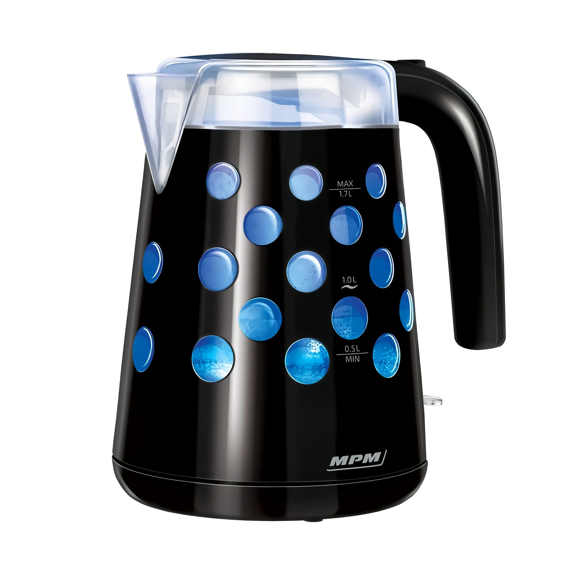 Fierbator electric MPM, 1,7 L, 2200W, Fara BPA, Rezistenta ascunsa, Fara fir, Oprire automata, Iluminare, Negru