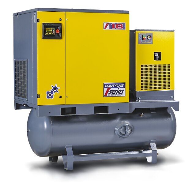 Compresor cu surub Comprag FRD2208-500, 22 kw impreuna cu uscator refrigerator montate pe vas rezervor de 500 l, debit 3600l/min, 8 bar