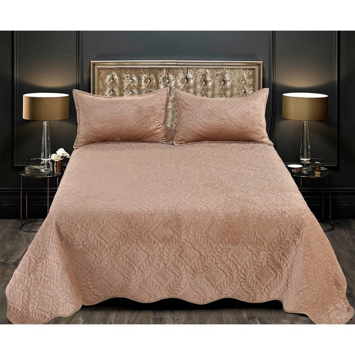 Set cuvertura pentru pat, matlasata, 3 piese, 220x240cm, culoarea Bej