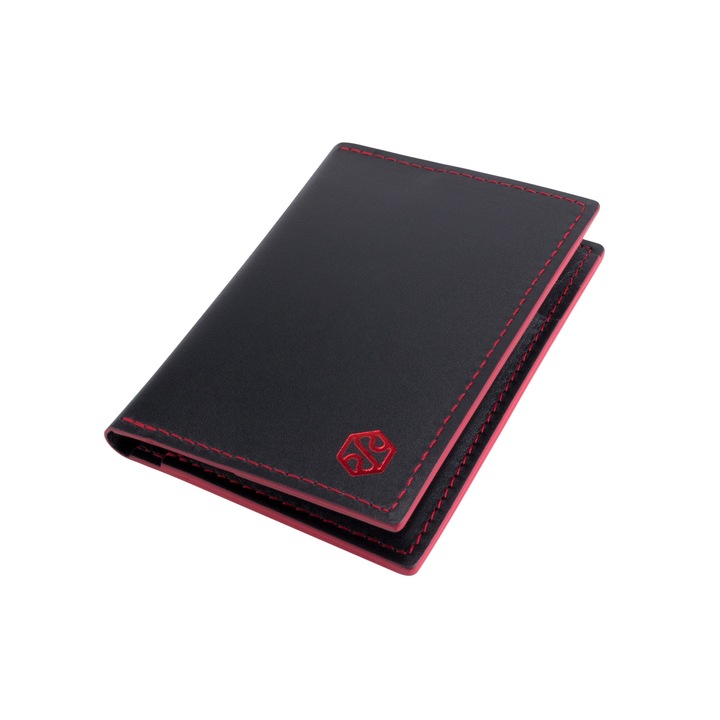 Portofel barbati, SLIM, din piele naturala, Negru cu finisaj Rosu