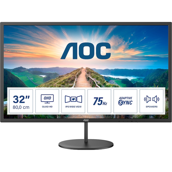 Monitor LED IPS AOC 31.5", WQHD, 75Hz, 4ms, Adaptive Sync, Speakers, DisplayPort, HDMI, Vesa, Negru, Q32V4