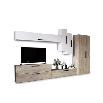 Set living Pati 047 mobila sufragerie stejarAlb pal melaminat 16mm, H 195 x A 35 x L 355.8 cm Set living Pati 047 mobila sufragerie stejarAlb pal melaminat 16mm, H 195 x A 35 x L 355.8 cm