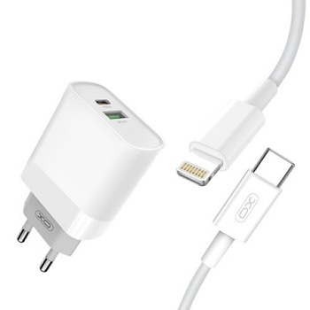 Set incarcator retea XO-L64 1xusb QC 3.0 si 1xusb-c PD 3.0 + cablu Iphone, 1metru, 18W, alb Set incarcator retea XO-L64 1xusb QC 3.0 si 1xusb-c PD 3.0 + cablu Iphone, 1metru, 18W, alb