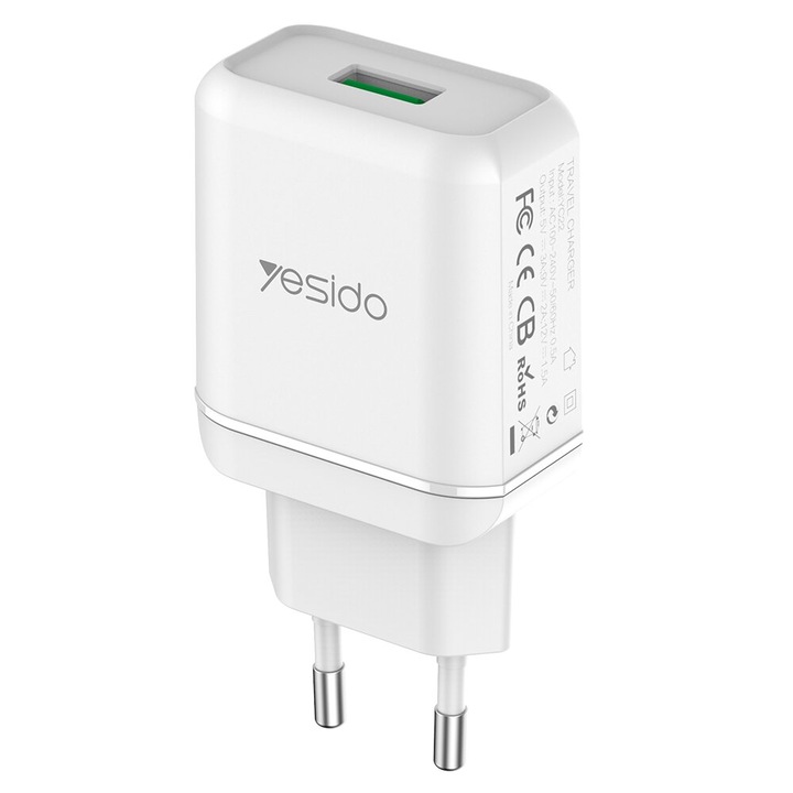 Incarcator YC22, USB-A, QC 3.0, 18W, 3A , Alb, Material: policarbonat, Dimensiune: 50 x 43 x 24mm