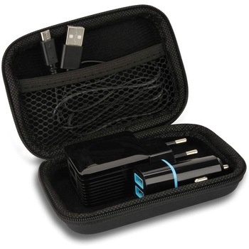 Set incarcator auto cu 2 porturi USB si incarcator priza cu 2 porturi USB, cablu de date si gentuta, Cartrend Set incarcator auto cu 2 porturi USB si incarcator priza cu 2 porturi USB, cablu de date si gentuta, Cartrend