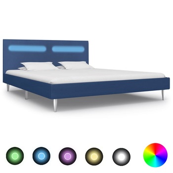 Cadru pat cu leduri, dublu, vidaXL, Material textil/Lemn, 180 x 200 cm, Albastru